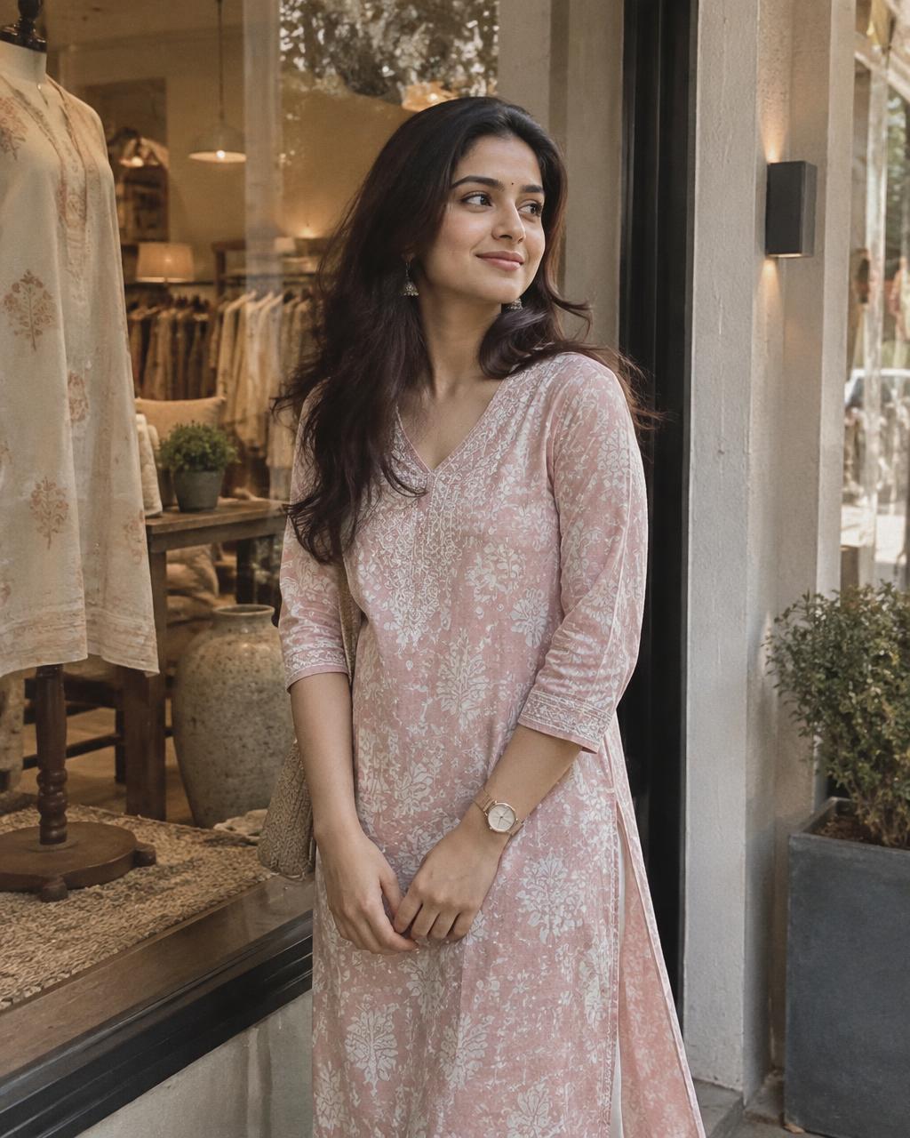 Woman wearing a soft pastel cotton kurti from MIMETA BOUTIQUE